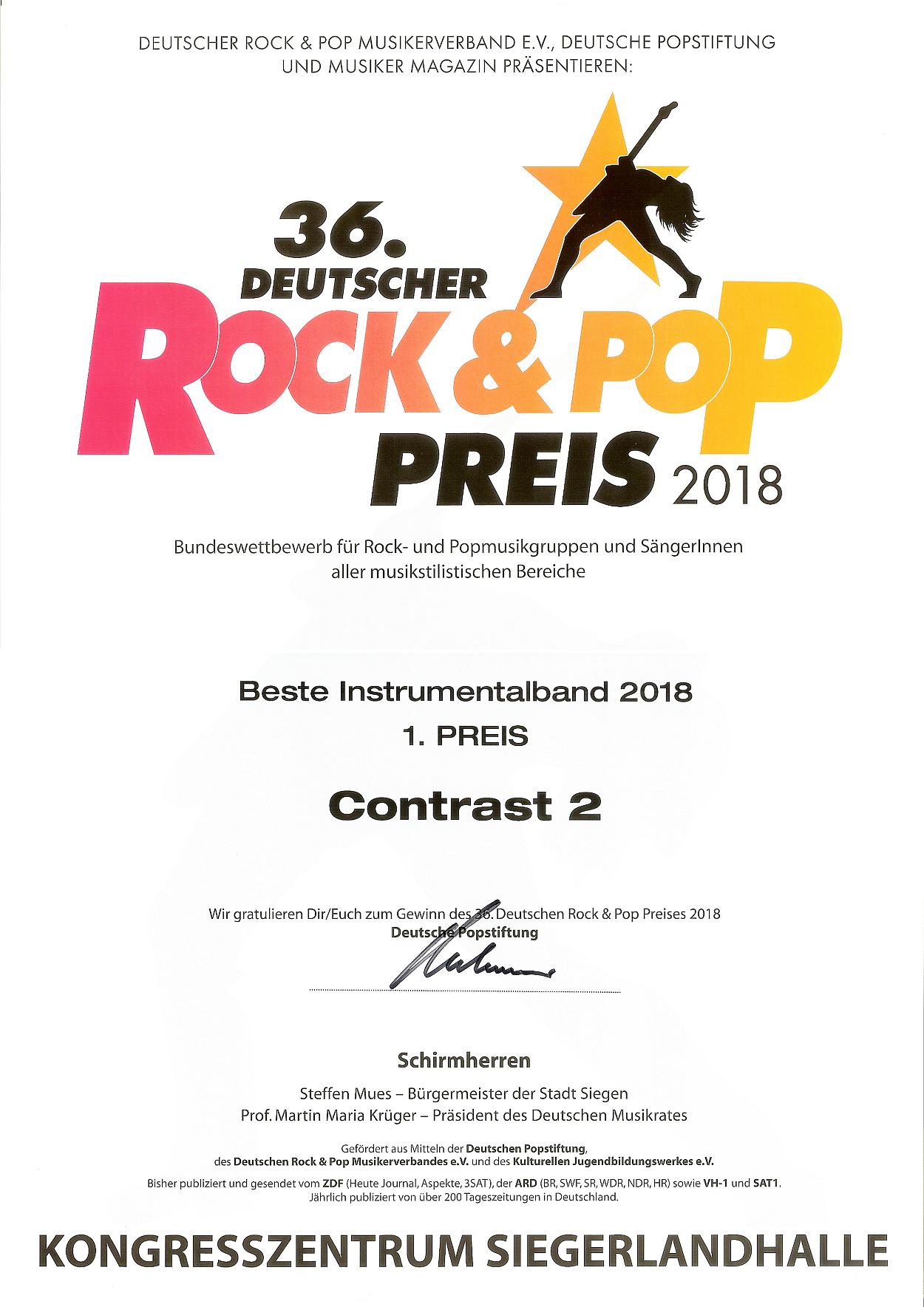 Urkunde vom Deutschen Rock & Pop Preis 2018 für den 1. Preis in der Kategorie 'Beste Instrumentalband 2018' für meine Band Contrast2.