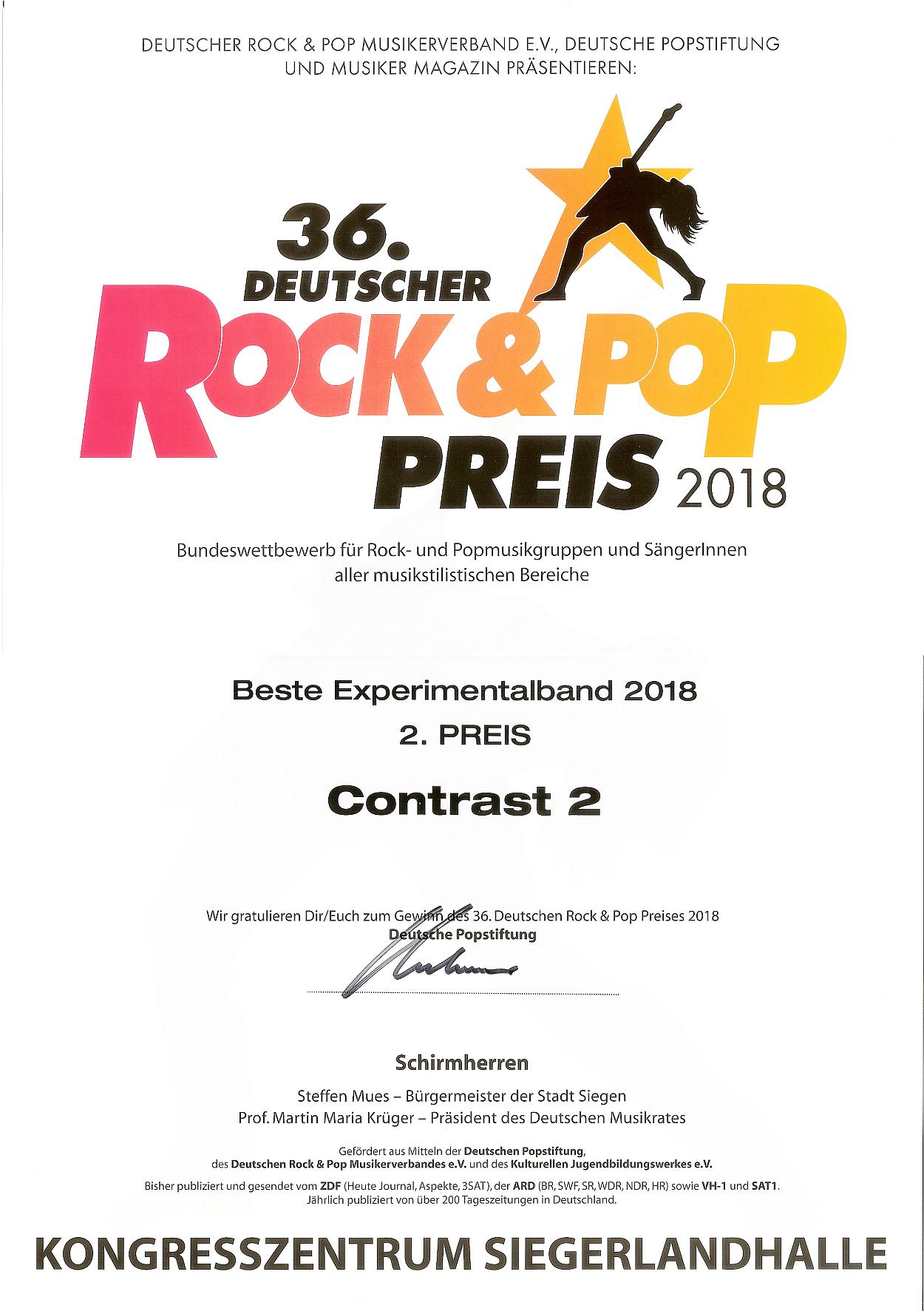 Urkunde vom Deutschen Rock & Pop Preis 2018 für den 2. Preis in der Kategorie 'Beste Experimentalband 2018' für meine Band Contrast2.