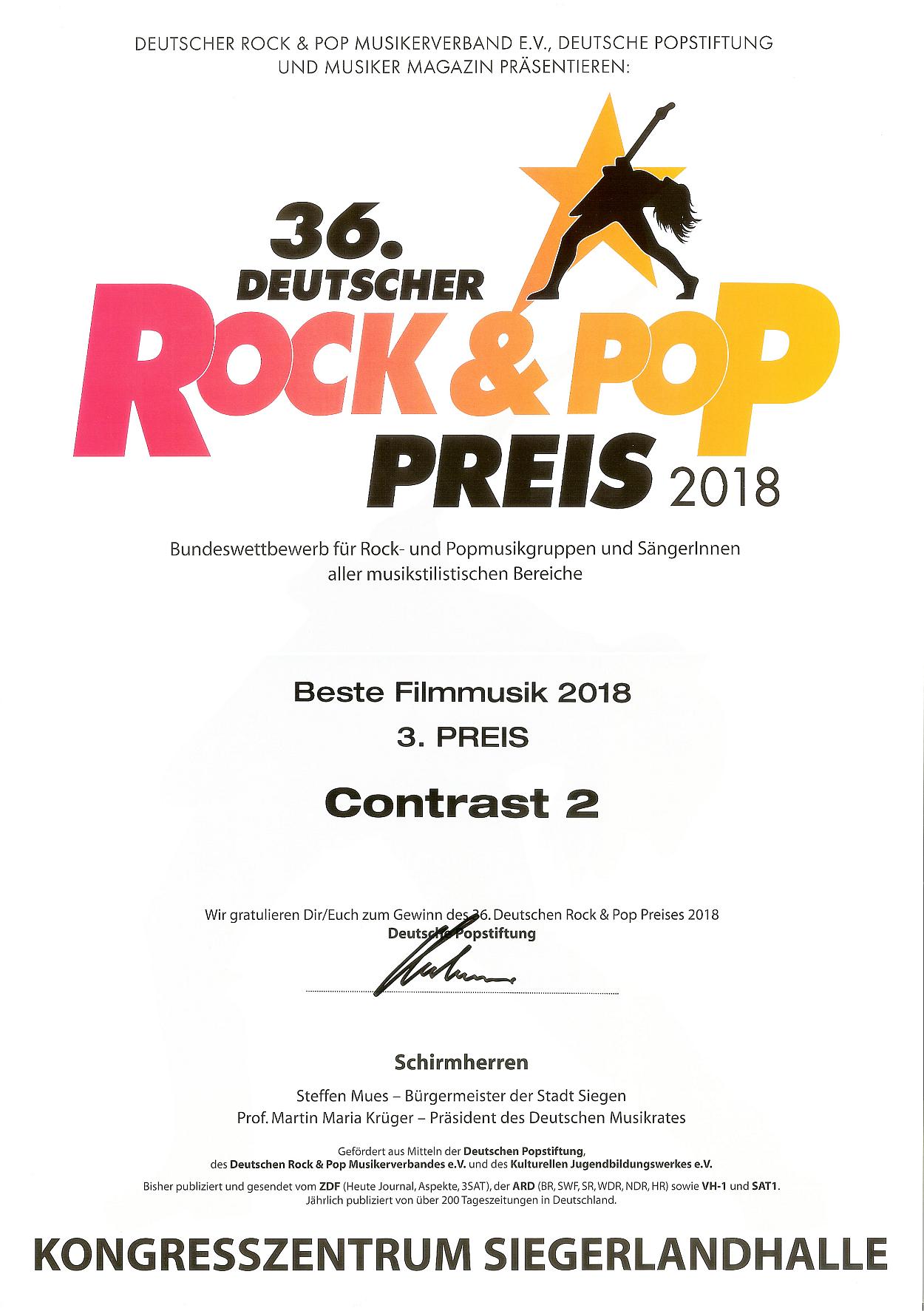 Urkunde vom Deutschen Rock & Pop Preis 2018 für den 3. Preis in der Kategorie 'Beste Filmmusik 2018' für meine Band Contrast2.