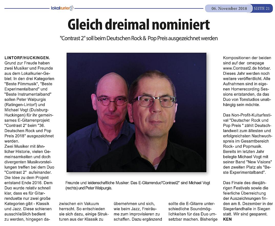 Presseartikel aus dem Lokalkurier Nr.21 vom 06.11.2018 über meine Band 'Contrast2' und die 3-fach Nominierung beim Deutschen Rock & Pop Preis 2018.