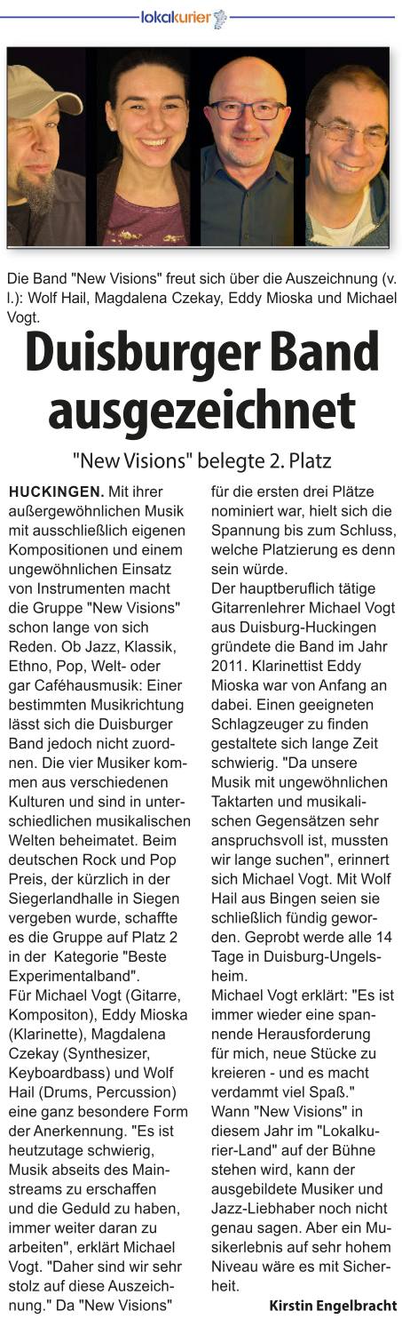 Presseartikel aus dem Lokalkurier Nr.01 vom 18.01.2018 über den 2. Preis von 'New Visions' beim Deutschen Rock & Pop Preis.