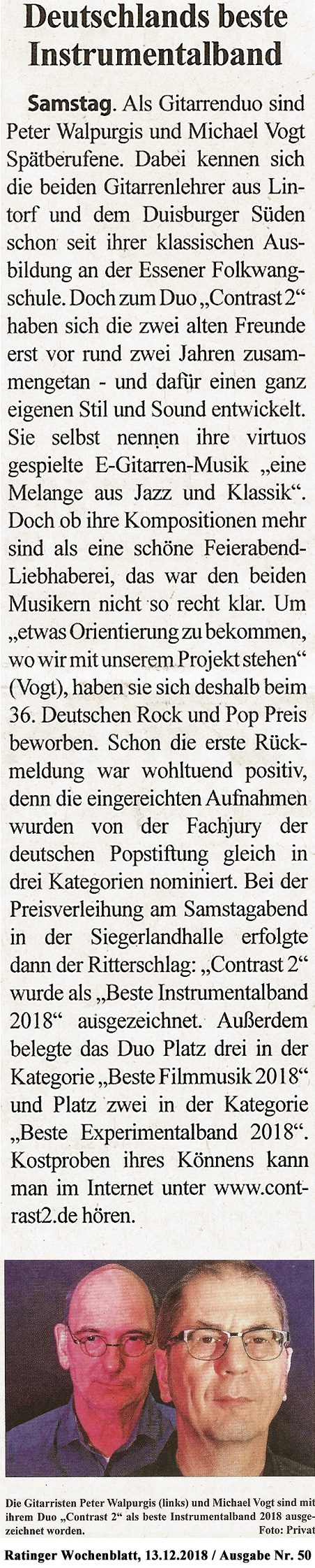 Presseartikel aus dem Ratinger Wochenblatt Nr.50 vom 13.12.2018 über die Auszeichnung von Contrast2 'Beste Instrumentalband 2018' vom Deutschen Rock & Pop Preis 2018.