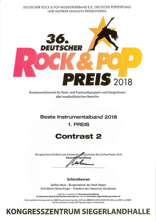 Mit meiner Band 'Contrast2' haben wir 2018 beim 36. Deutschen Rock & Pop Preis u.a. den 1. Preis als beste Instrumentalband gewonnen.